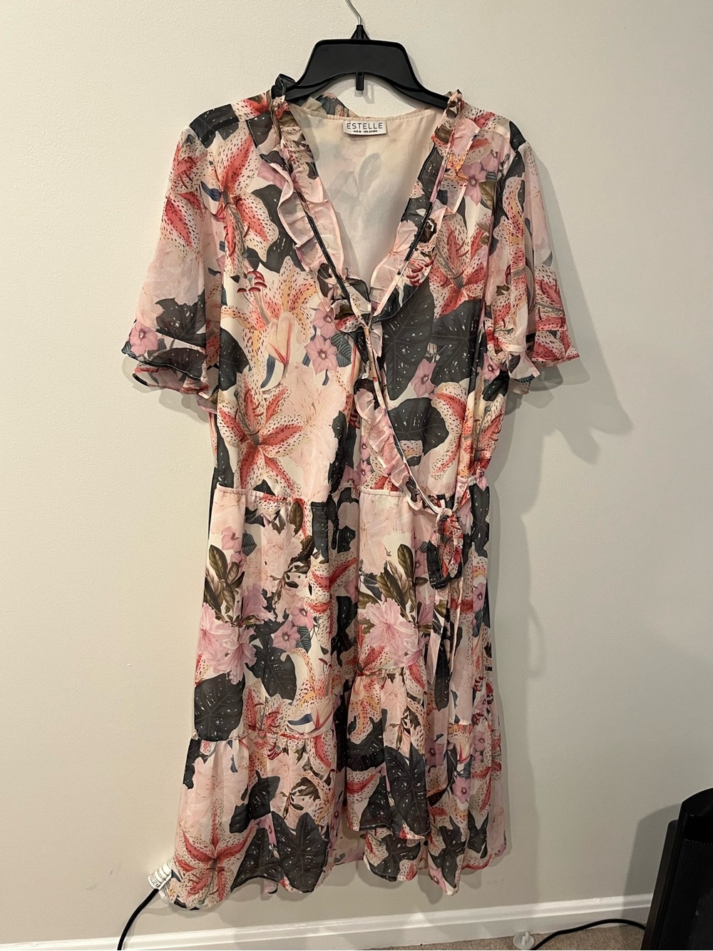 Estelle Floral Ruffled High Low Wrap Dress in Pink Green Motif 2X/20W